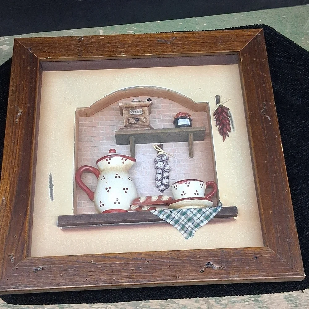 Country kitchen diorama shadow‎ box featuring coffee/tea miniatures